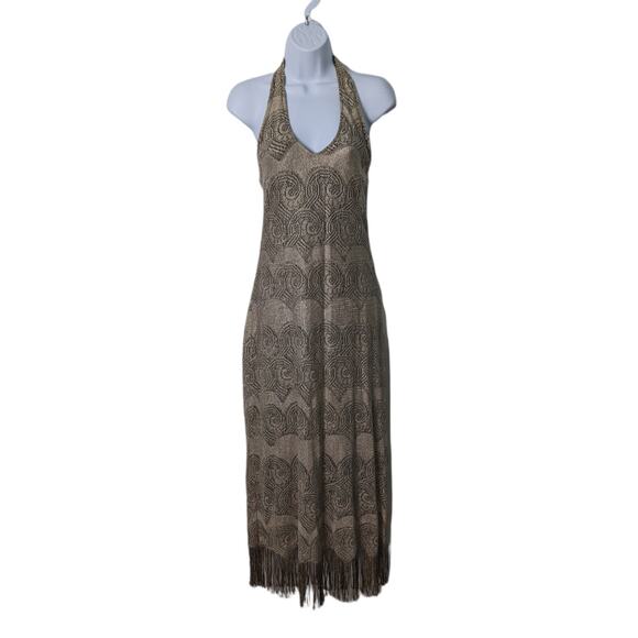 Vintage 90's Y2K Alexandra Lee Halter Maxi Dress Crochet Metallic Fringe Fitted - Picture 1 of 8